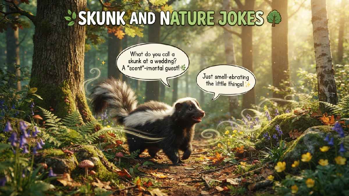 Cheerful skunk exploring a green forest surrounded by trees, flowers, mushrooms, and playful speech bubbles, representing funny nature jokes.