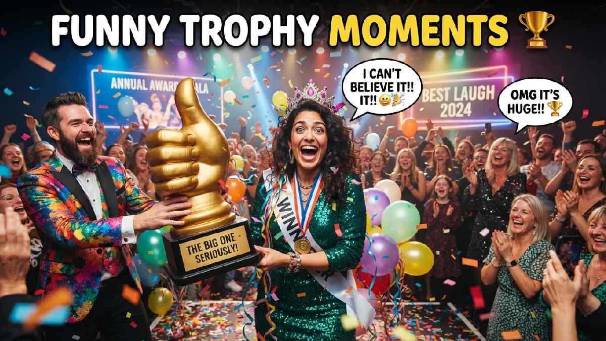 Surprised winner holding an oversized trophy while confetti falls, surrounded by laughing guests and playful speech bubbles during a funny ceremony.