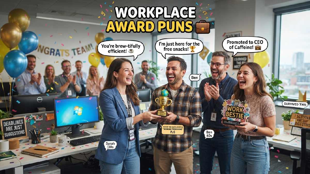 Smiling coworkers celebrating with a trophy in an office surrounded by confetti and speech bubbles, representing funny workplace award puns.