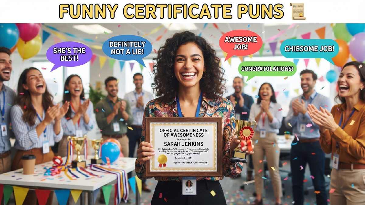 Smiling recipient holding a framed certificate surrounded by trophies, ribbons, confetti, and playful speech bubbles representing funny certificate puns and jokes.
