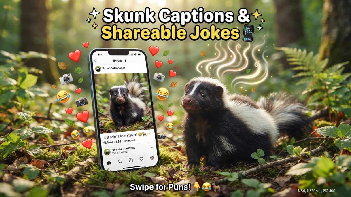 Cute skunk posing beside a smartphone with social media icons and playful scent swirls, representing funny captions and shareable jokes.