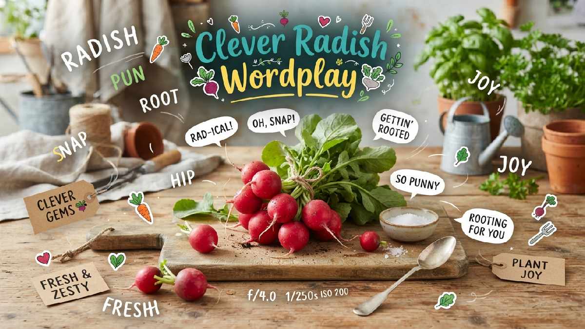 Bright radishes surrounded by floating letters and playful word bubbles, representing clever radish wordplay and creative vegetable-themed humor for everyone.