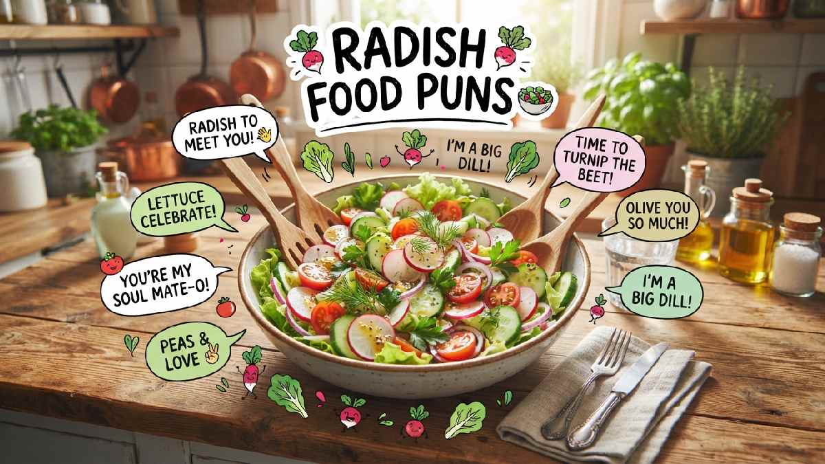 Colorful salad filled with sliced radishes and fresh vegetables, surrounded by playful food elements, representing funny radish food puns.