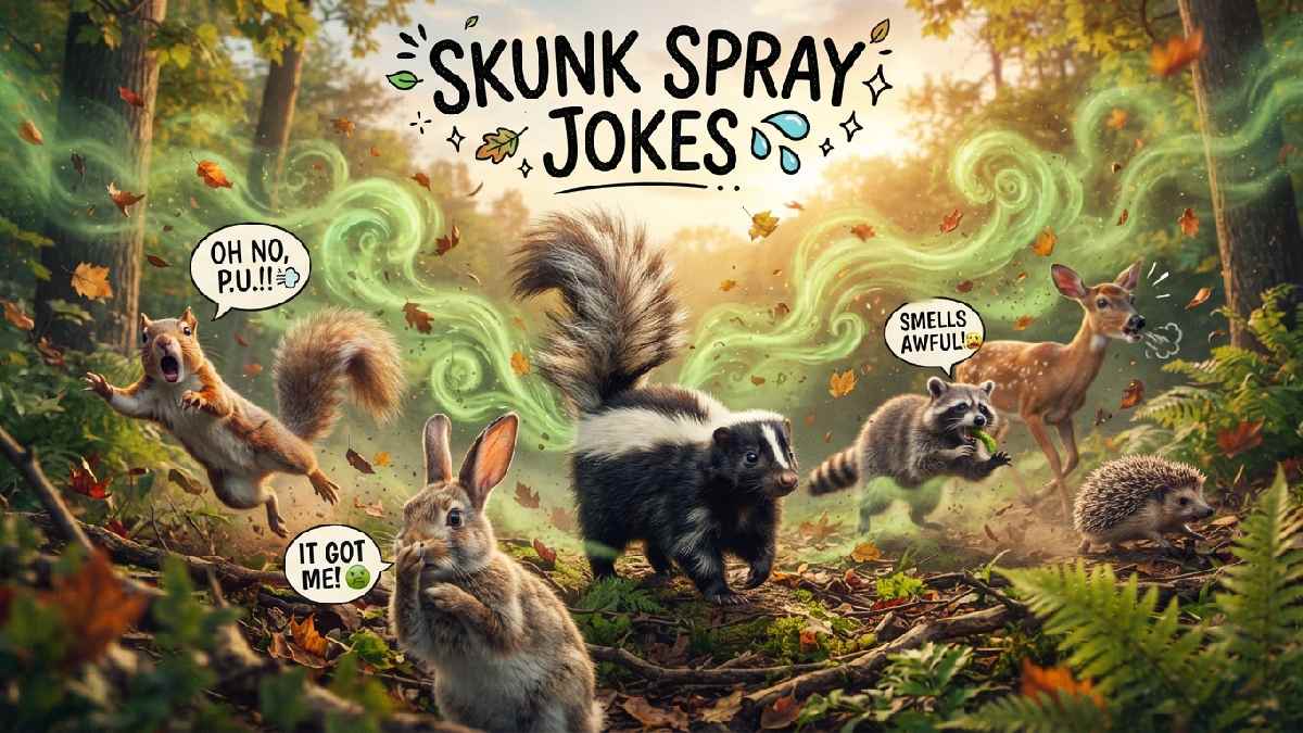 Skunk raising its tail with playful scent clouds while woodland animals react, representing hilarious skunk spray jokes and stinky humor.