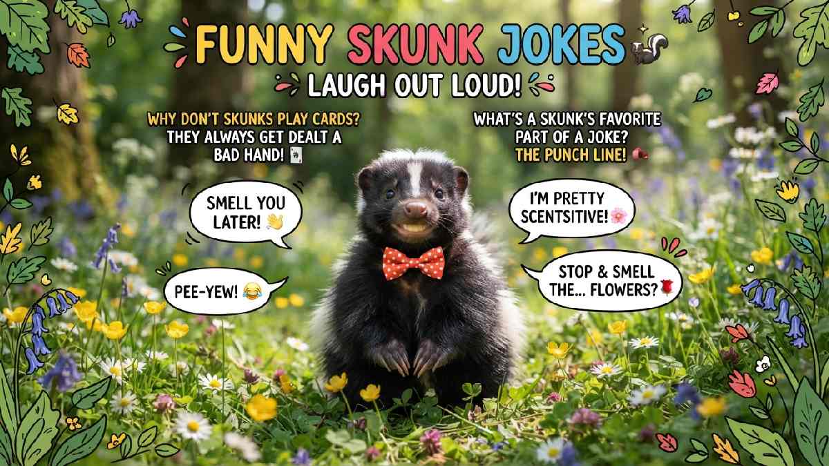 Cute skunk sitting in a woodland clearing with flowers and playful speech bubbles, representing funny skunk jokes filled with silly humor.