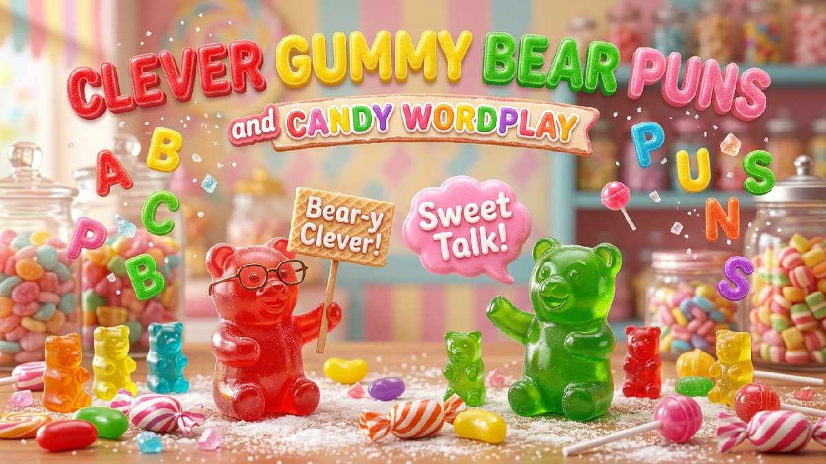 Three funny gummy bears performing candy comedy with microphones and laughter bubbles, illustrating hilarious gummy bear jokes with clever punchlines.