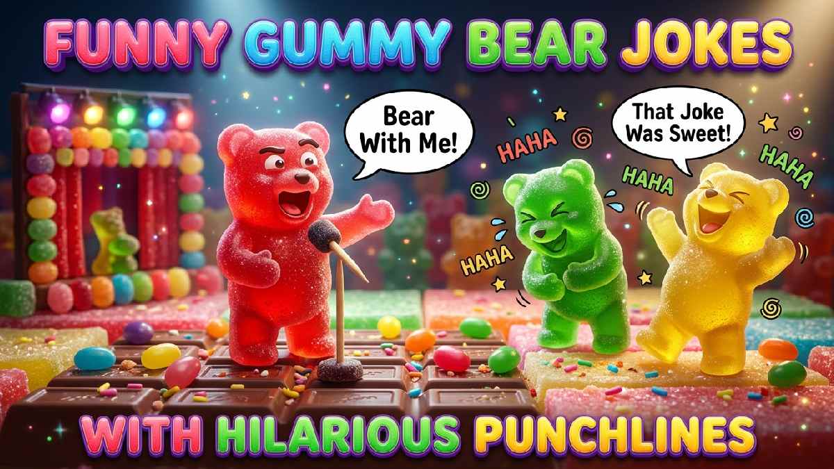 Three funny gummy bears performing candy comedy with microphones and laughter bubbles, illustrating hilarious gummy bear jokes with clever punchlines.