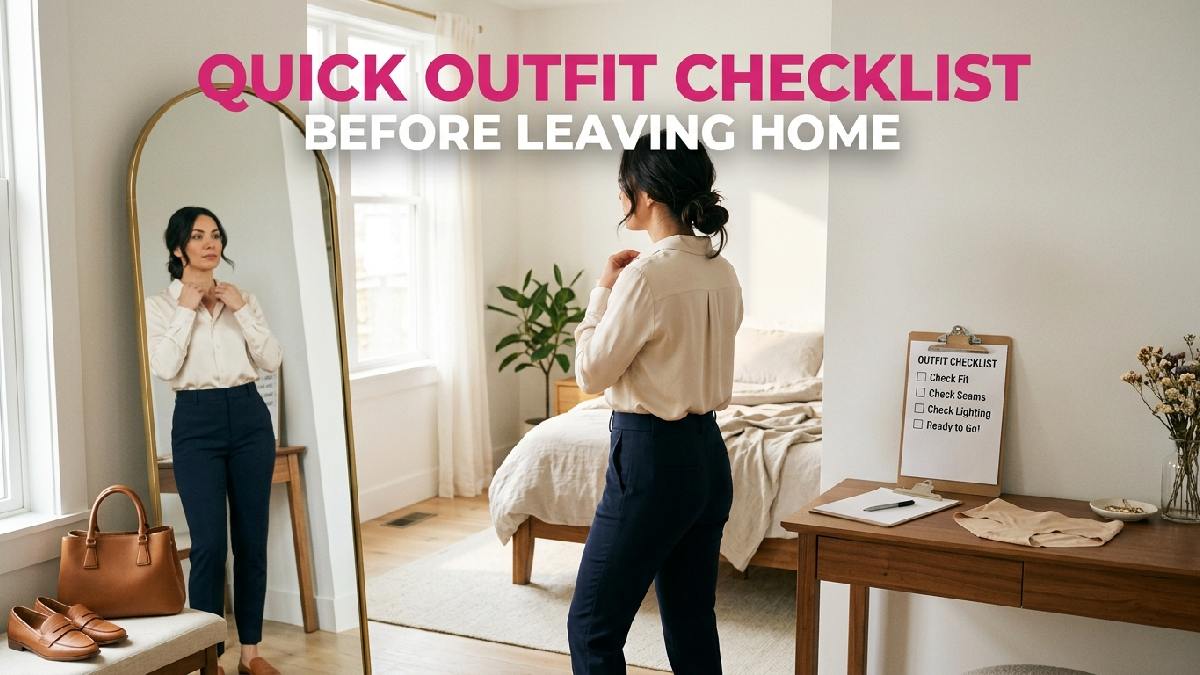 Woman checking her outfit in a bedroom mirror beside a fashion checklist, ensuring smooth clothing and no visible underwear lines.