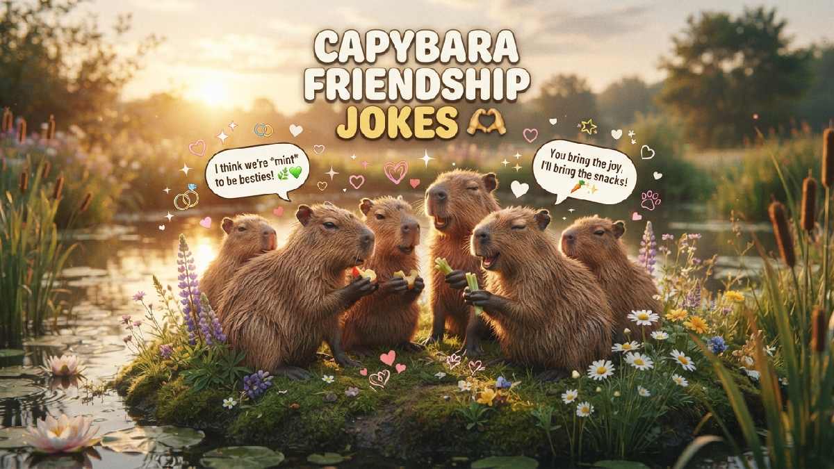 Happy capybara friends gathered beside a pond with hearts and playful speech bubbles, representing wholesome friendship jokes and animal humor.