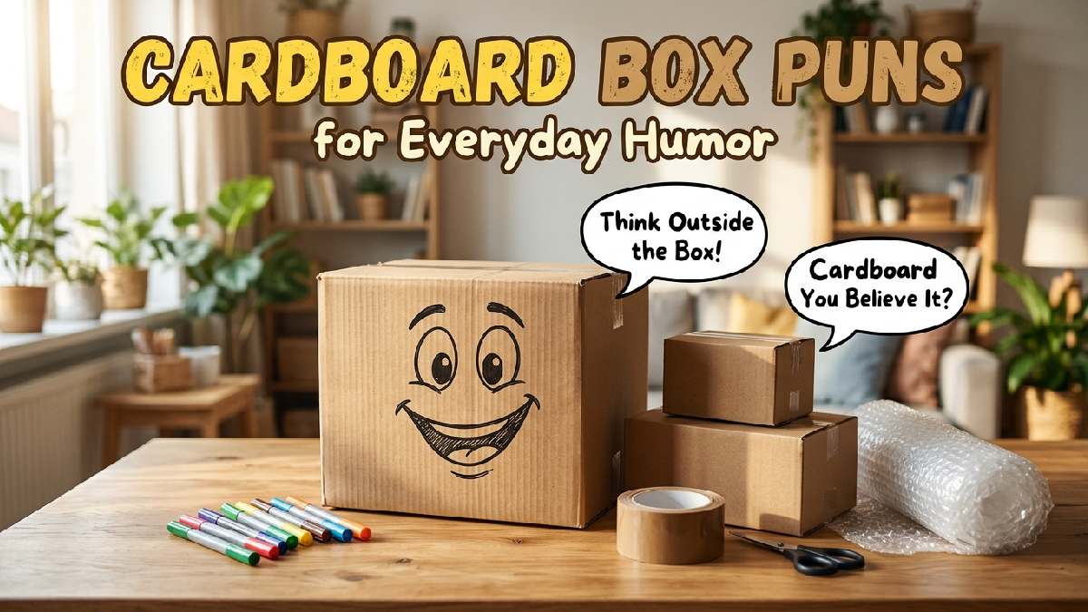Brown cardboard boxes decorated with funny faces and playful speech bubbles, featuring clever cardboard box puns for everyday humor.