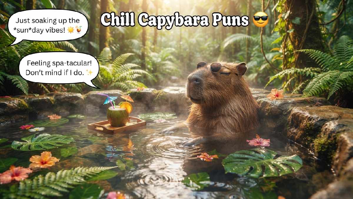 Relaxed capybara wearing sunglasses while lounging in warm water, surrounded by greenery and peaceful scenery representing chill capybara puns.