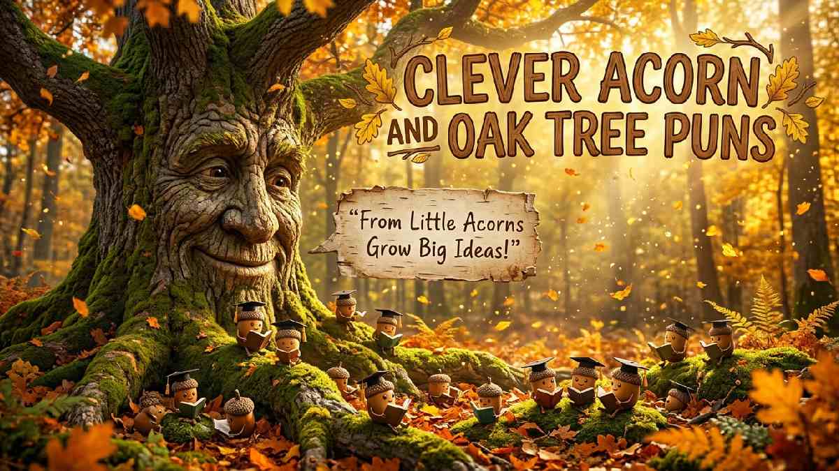 Wise oak tree surrounded by clever acorn characters wearing graduation caps, showcasing witty acorn and oak tree puns in autumn.