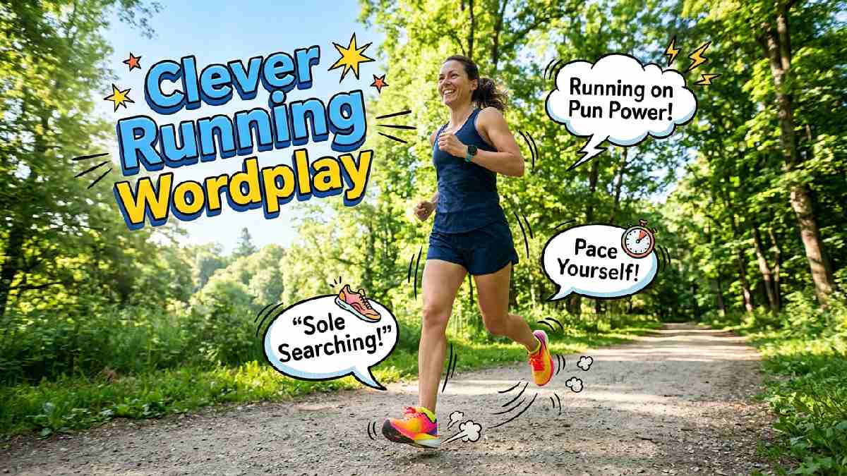 Creative runner enjoying a scenic park trail surrounded by clever running wordplay, funny shoe puns, playful phrases, and colorful illustrations.