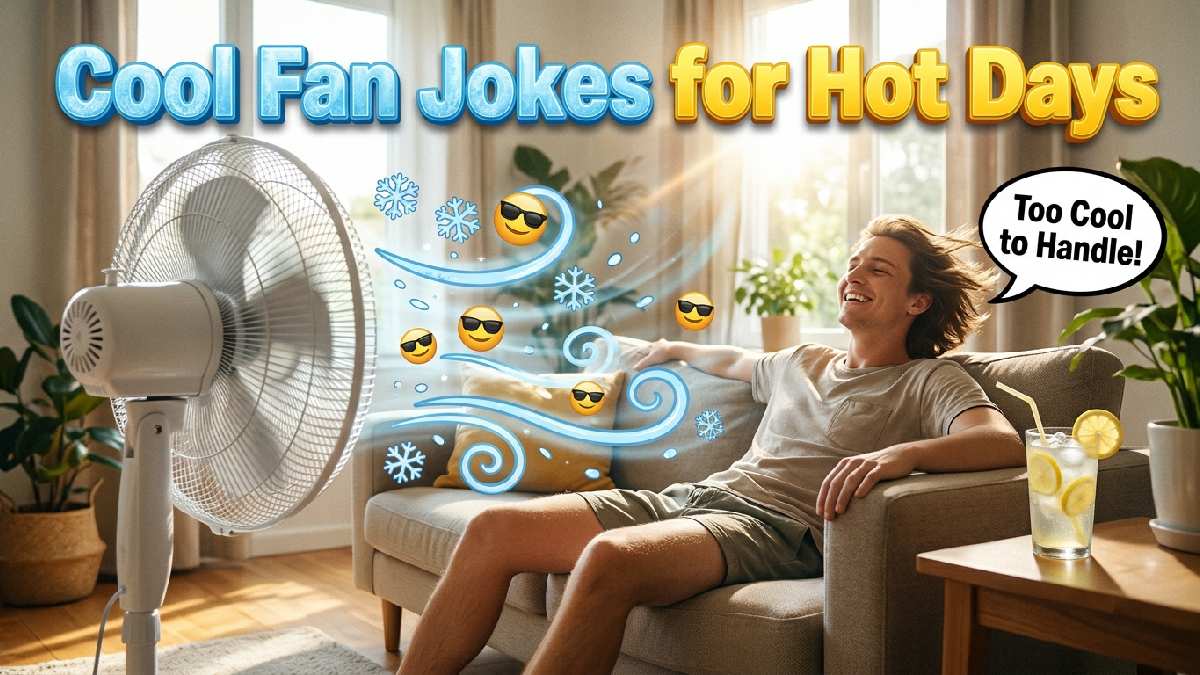Refreshing electric fan cooling a sunny room with icy breeze effects, lemonade, and funny decorations, featuring cool summer fan jokes.