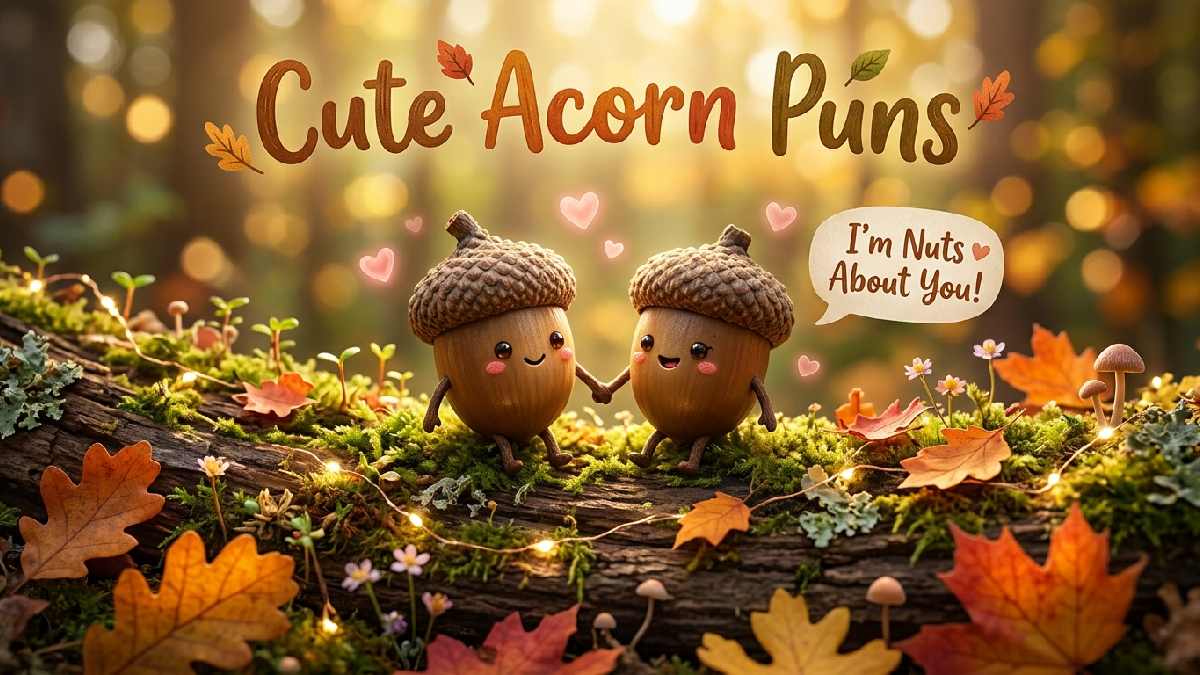 Two adorable smiling acorns holding hands among autumn leaves and floating hearts, illustrating cute acorn puns and sweet woodland affection.