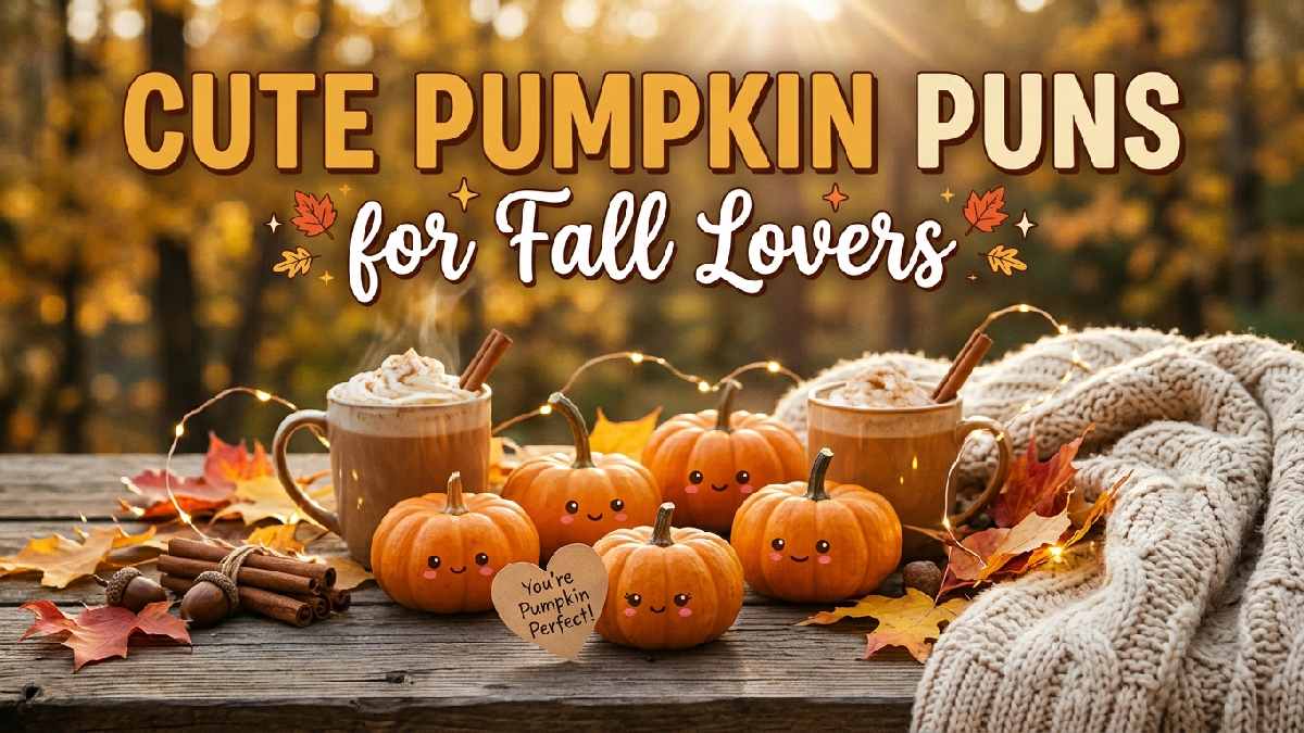 Cute smiling pumpkins beside autumn leaves and pumpkin spice coffee, sharing adorable pumpkin puns for fall lovers and cozy moments.