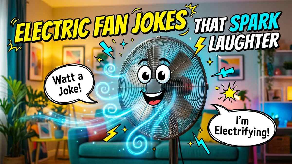 Smiling electric pedestal fan surrounded by glowing airflow, lightning doodles, and funny speech bubbles, showcasing hilarious electric fan jokes.