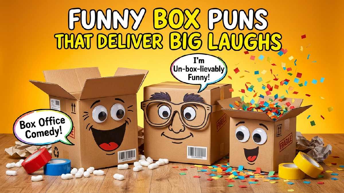 Laughing cardboard boxes surrounded by confetti and packing supplies, showcasing hilarious box puns guaranteed to deliver big everyday laughs.