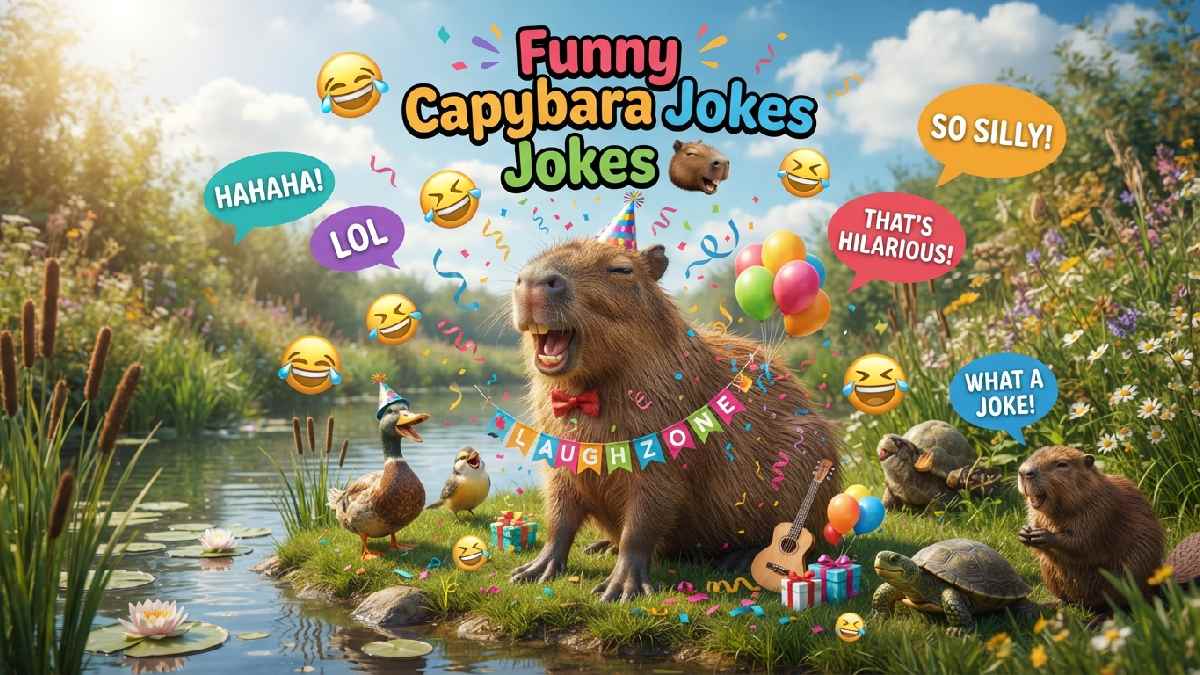 Funny capybara sitting beside a pond with playful props and speech bubbles, creating a cheerful scene for hilarious animal jokes.