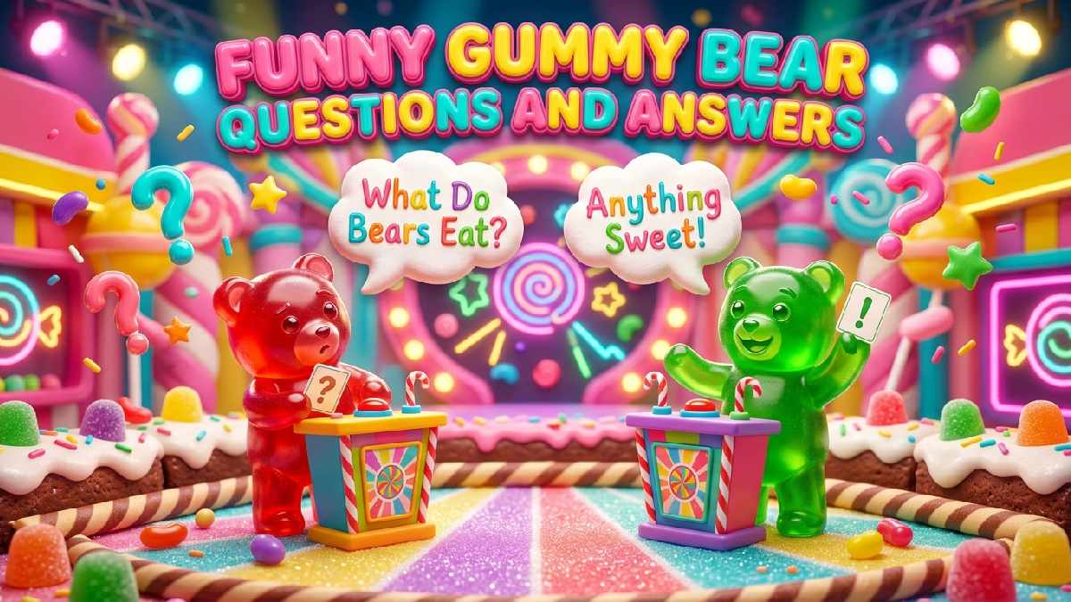 Two colorful gummy bears holding question and answer cards on a candy quiz stage, illustrating funny gummy bear questions and answers.
