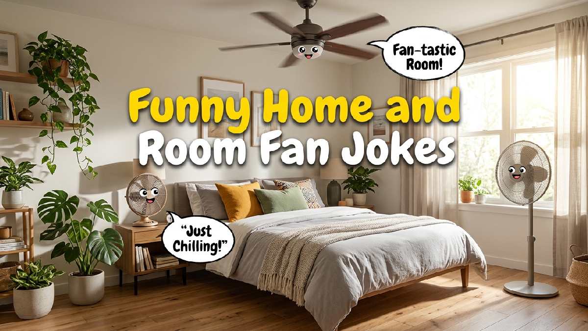 Cozy bedroom with ceiling, desk, and standing fans displaying funny expressions, highlighting hilarious home and room fan jokes for everyone.