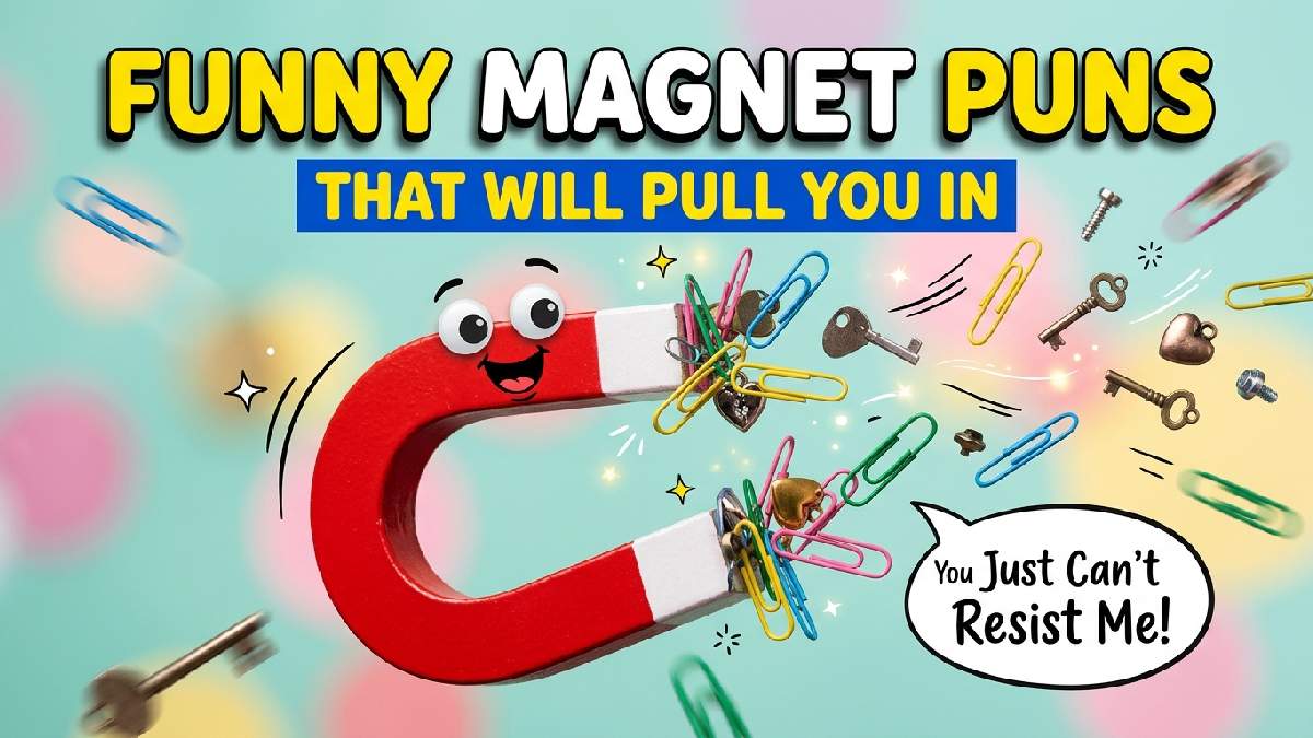 Funny red horseshoe magnet pulling colorful metal objects and paper clips through the air, surrounded by playful magnetic attraction effects.