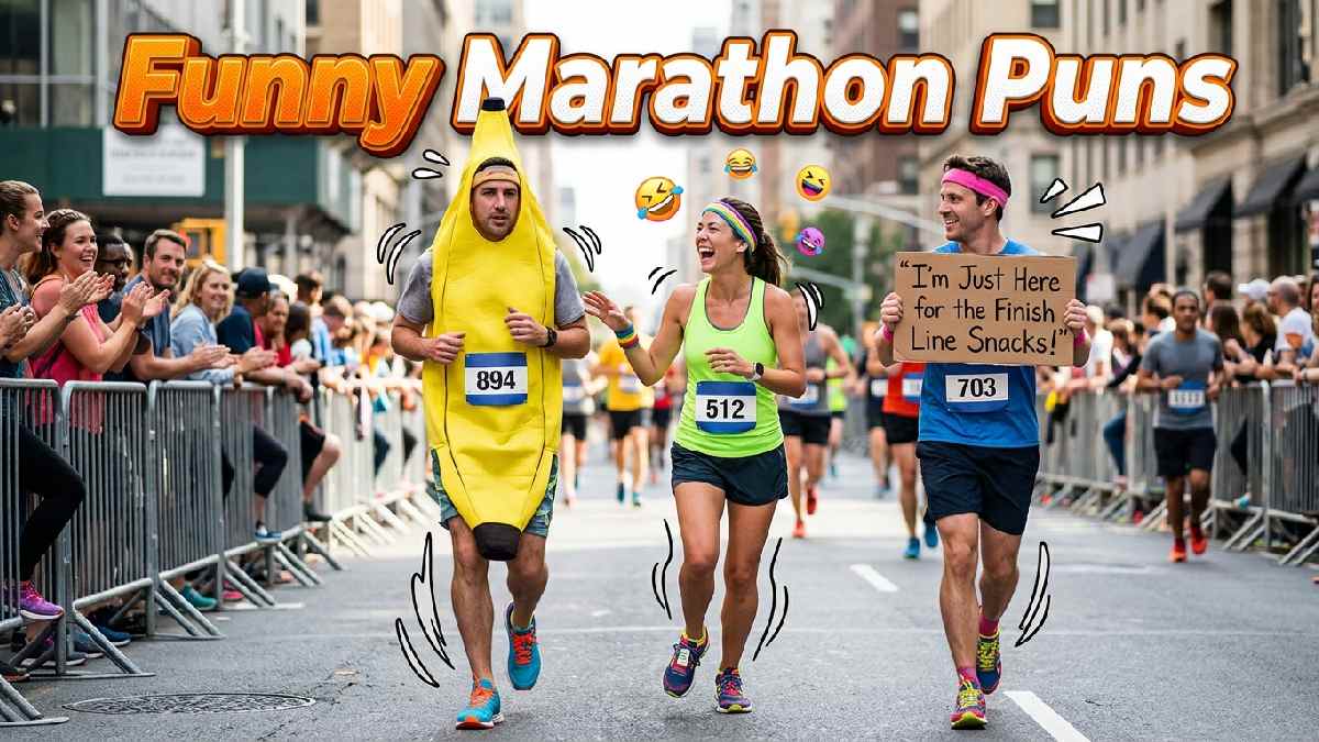 Funny marathon runners laughing during a race with silly costumes, playful signs, colorful shoes, and hilarious running puns for everyone.