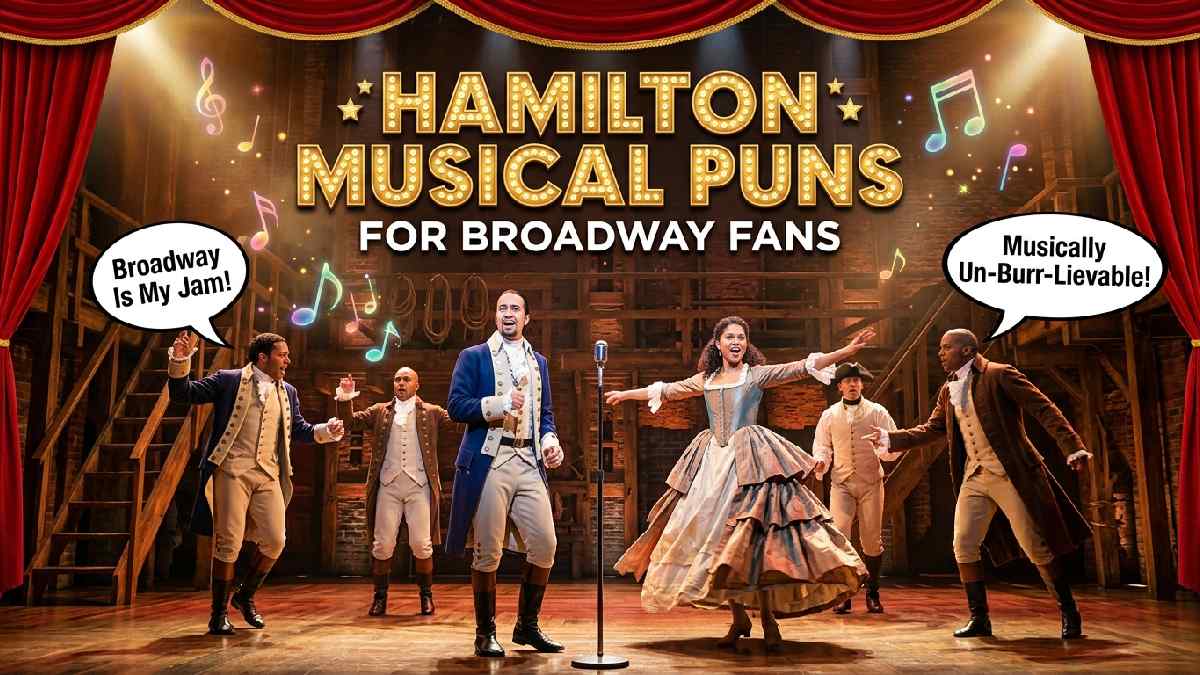 Broadway performers in colonial costumes singing beneath golden spotlights, surrounded by musical notes and clever Hamilton puns for theater fans.