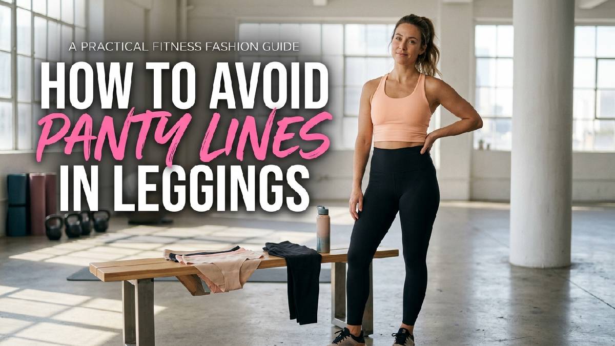 Woman wearing smooth black workout leggings in a bright fitness studio, demonstrating how seamless underwear helps prevent visible panty lines.