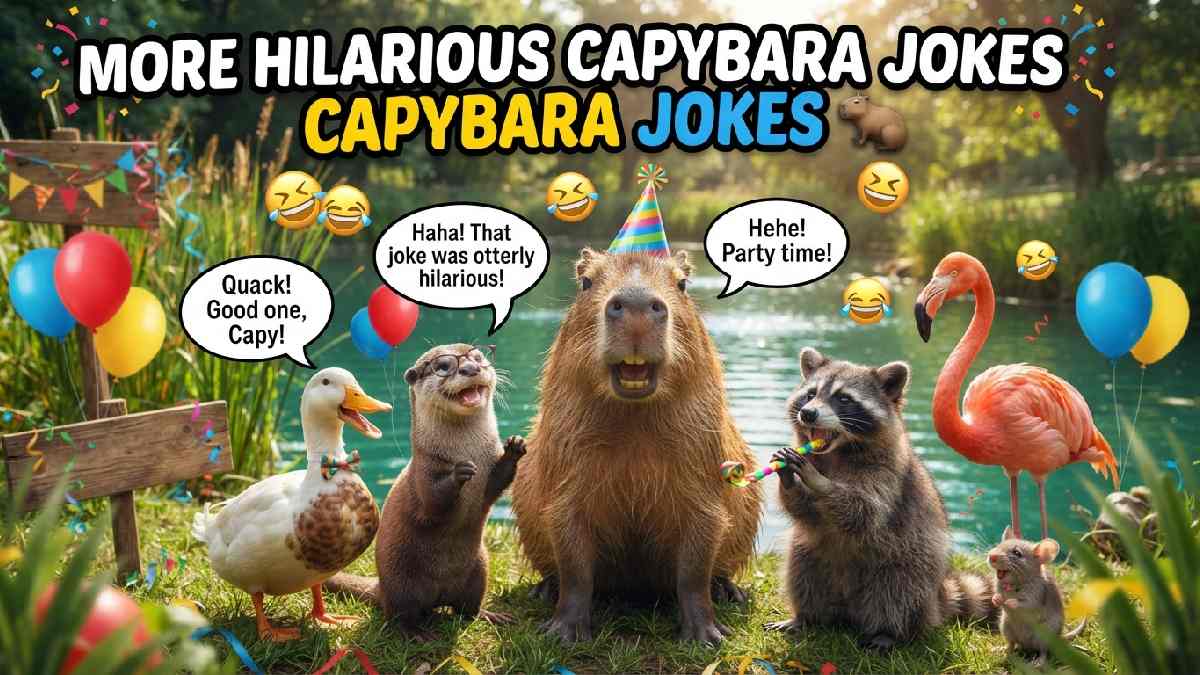 Cheerful capybara wearing a party hat with animal friends, balloons, and speech bubbles creating a hilarious playful joke scene.