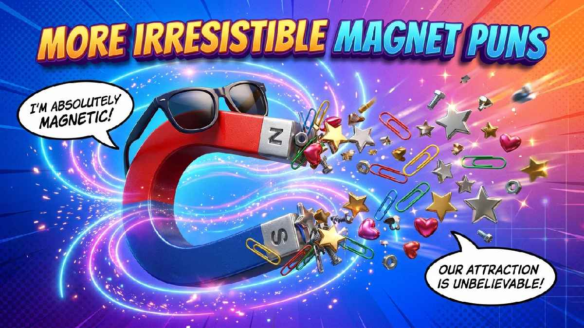 Stylish horseshoe magnet wearing sunglasses attracts shiny stars, metal hearts, and colorful paper clips, showcasing irresistible magnet puns and humor.