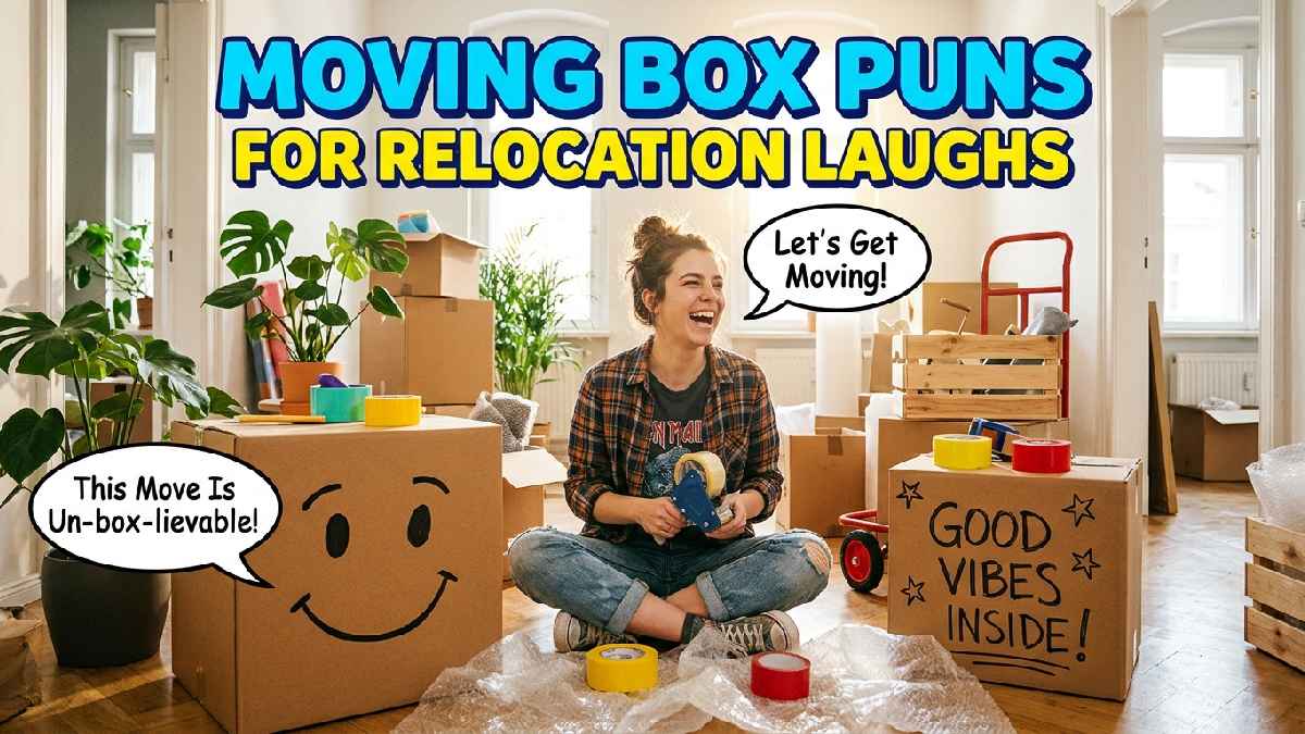 Happy person surrounded by moving boxes in a new apartment, featuring funny relocation puns, packing supplies, and moving-day humor.