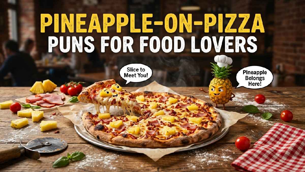 Delicious Hawaiian pizza topped with pineapple chunks beside funny pineapple chef, showcasing clever pineapple pizza puns for passionate food lovers.