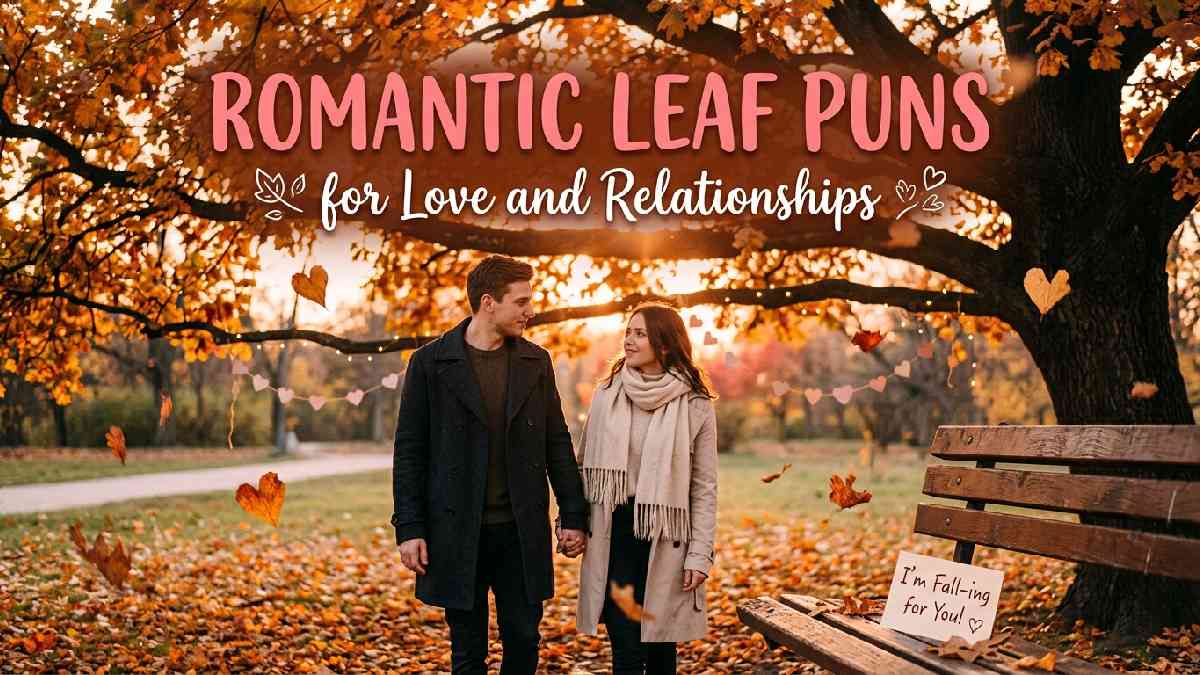 Romantic couple holding hands beneath colorful autumn trees with floating heart shaped leaves, representing sweet leaf puns about love and relationships.