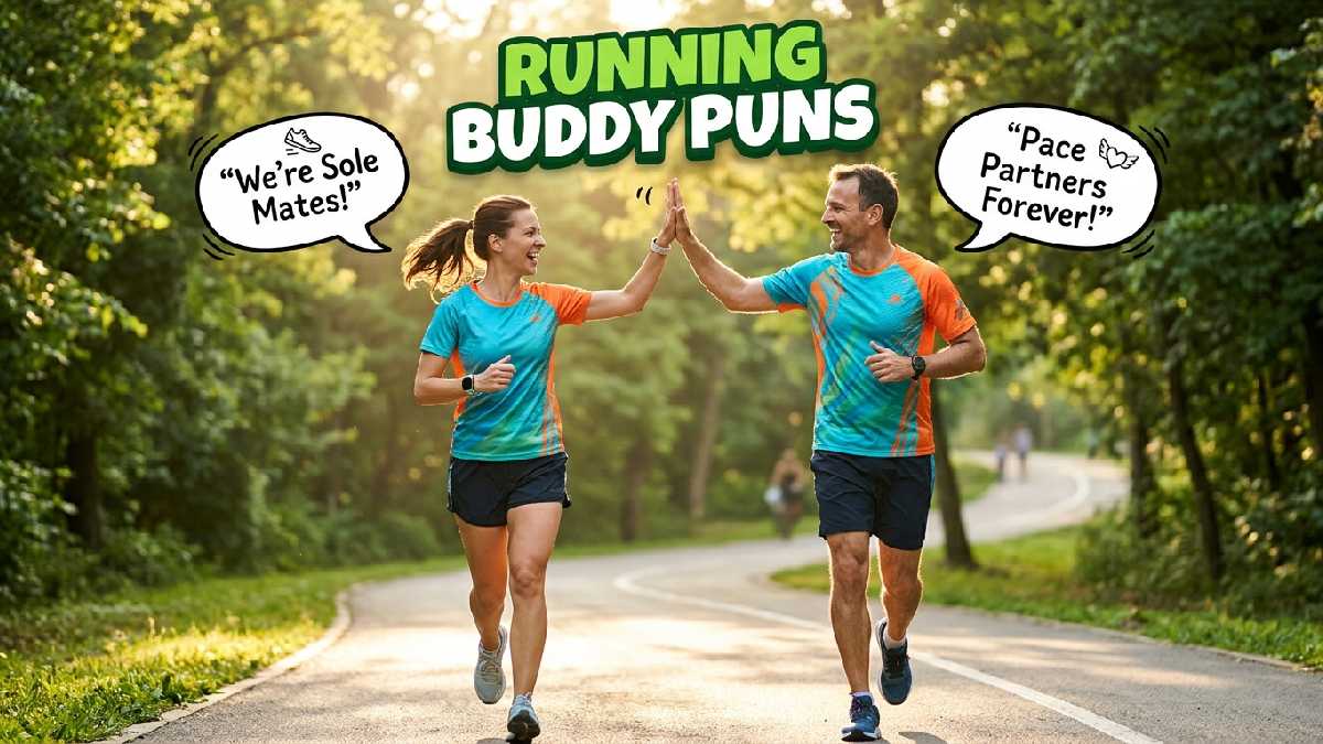 Two running buddies sharing a high five on a park trail, celebrating friendship with funny running puns and teamwork humor.