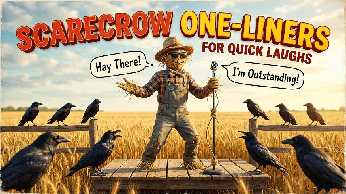 Confident scarecrow wearing sunglasses performs funny one-liners with a microphone while amused crows laugh in a sunny golden wheat field.