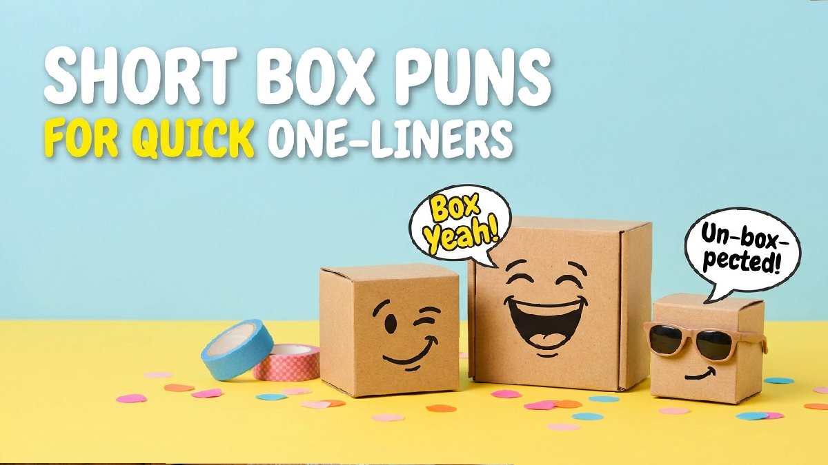 Three funny cardboard boxes with expressive faces and short speech bubbles, sharing quick box puns and hilarious one-liners.
