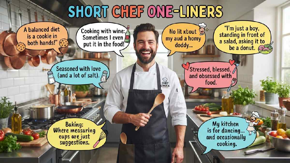 Confident chef holding a wooden spoon surrounded by funny speech bubbles and kitchen tools, representing short chef one-liners and jokes.