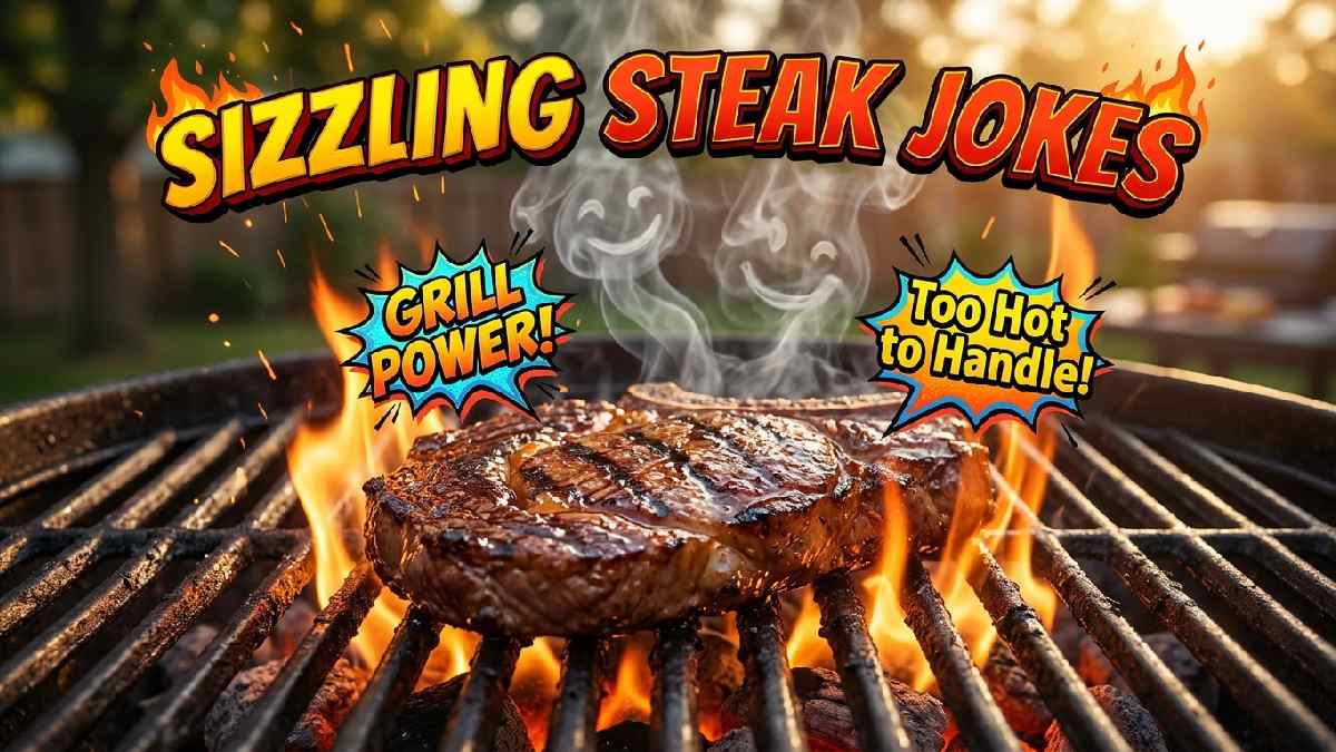 Sizzling steak grilling over fiery flames with funny speech bubbles, creating a playful barbecue scene filled with delicious steak humor.