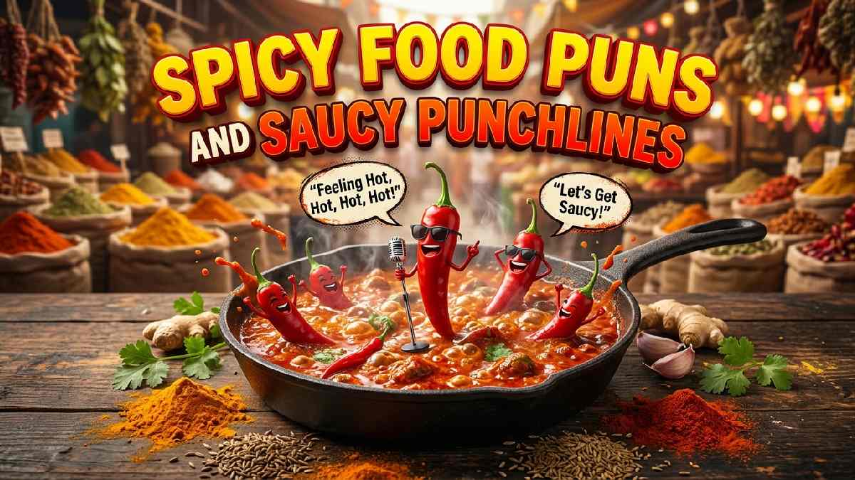 Spicy curry sauce with funny chili characters, colorful seasonings, and playful speech bubbles, showcasing hilarious food puns and saucy punchlines.