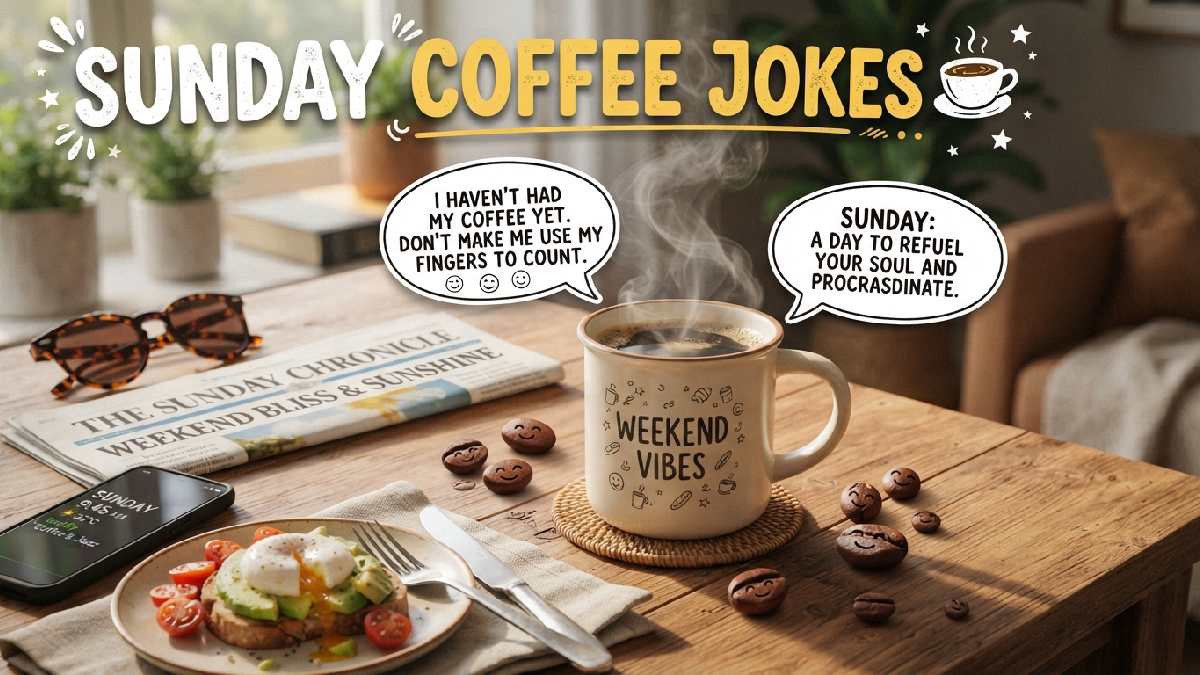 Steaming coffee mug surrounded by breakfast items and playful speech bubbles, representing funny Sunday coffee jokes for relaxed weekend mornings.
