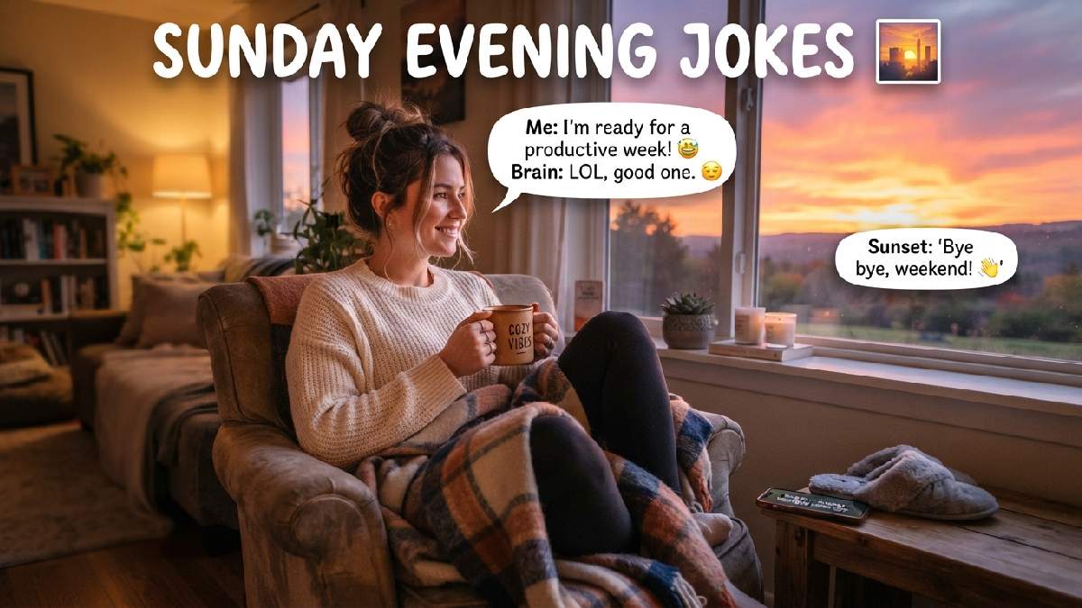 Person relaxing by a sunset window with a warm drink and playful speech bubbles, representing funny Sunday evening jokes and weekend humor.