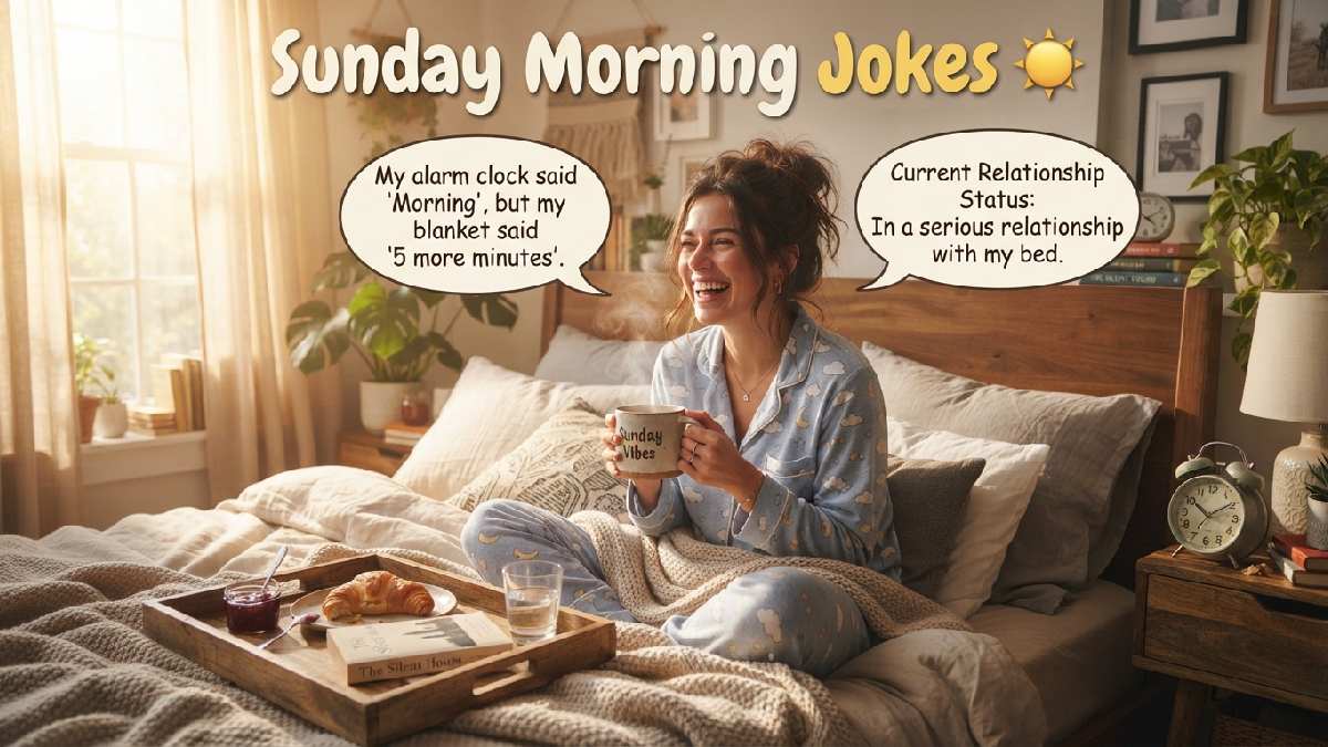 Cozy person enjoying coffee in bed with morning sunlight and playful speech bubbles, representing funny and relatable Sunday morning jokes.