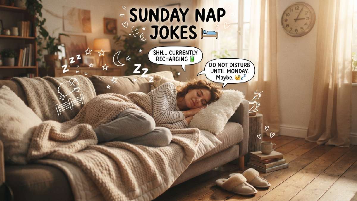 Person peacefully napping under a blanket with slippers and playful sleep doodles, representing funny Sunday nap jokes about weekend relaxation.
