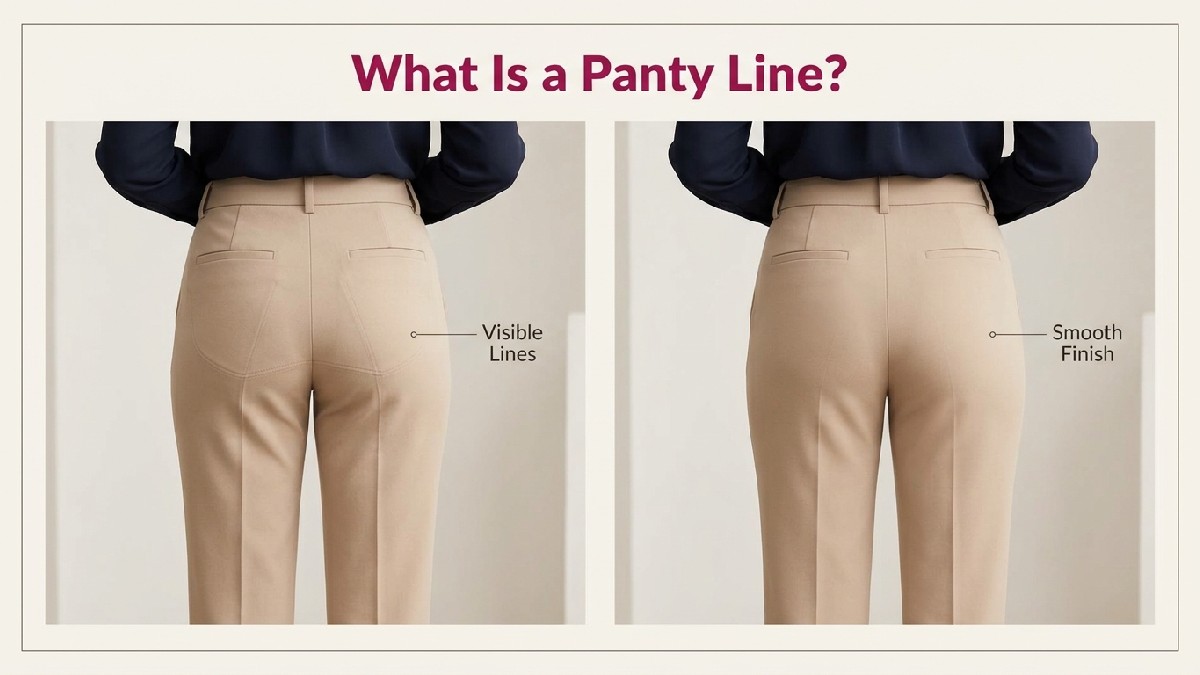Side by side comparison of fitted trousers showing visible underwear outlines and a smooth finish, explaining what panty lines are.