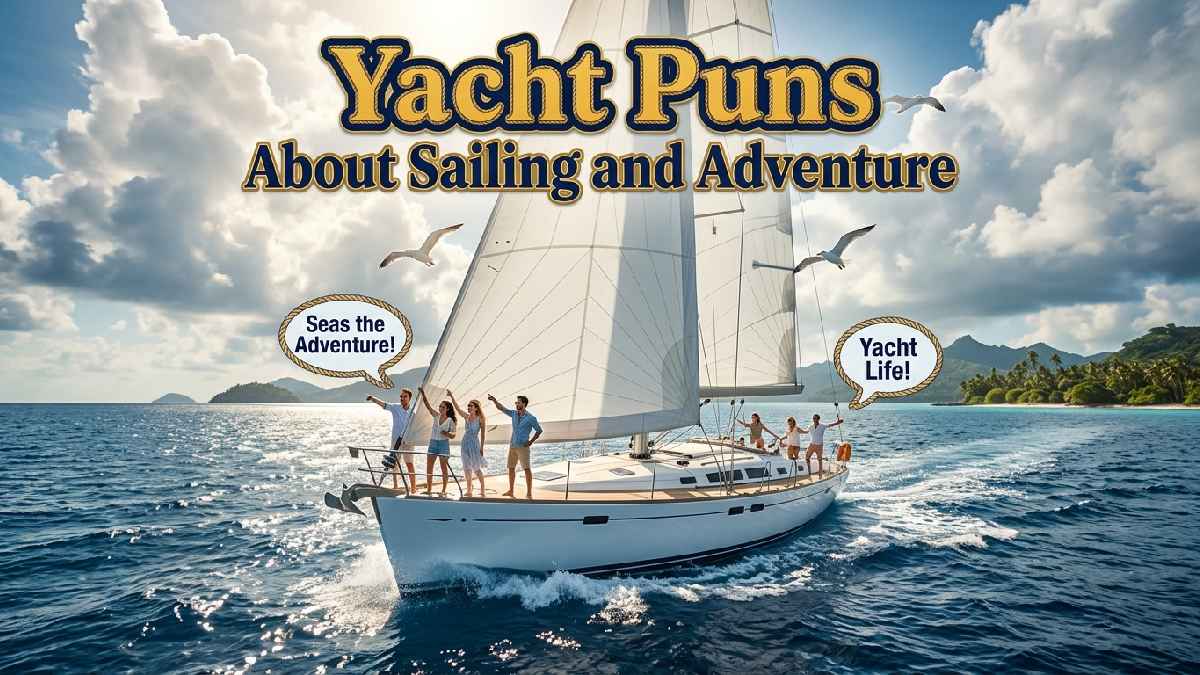 Luxury sailing yacht exploring blue ocean waters with adventurous travelers, tropical islands, and playful nautical puns celebrating exciting sea journeys.