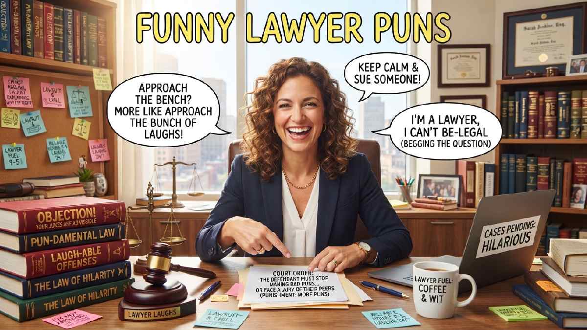 Smiling lawyer surrounded by law books, gavel, justice scales, and playful speech bubbles, representing funny lawyer puns and legal humor.
