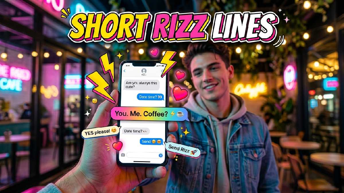 Smartphone displaying short pickup messages with hearts and lightning icons, representing quick rizz lines for confident and playful flirting.