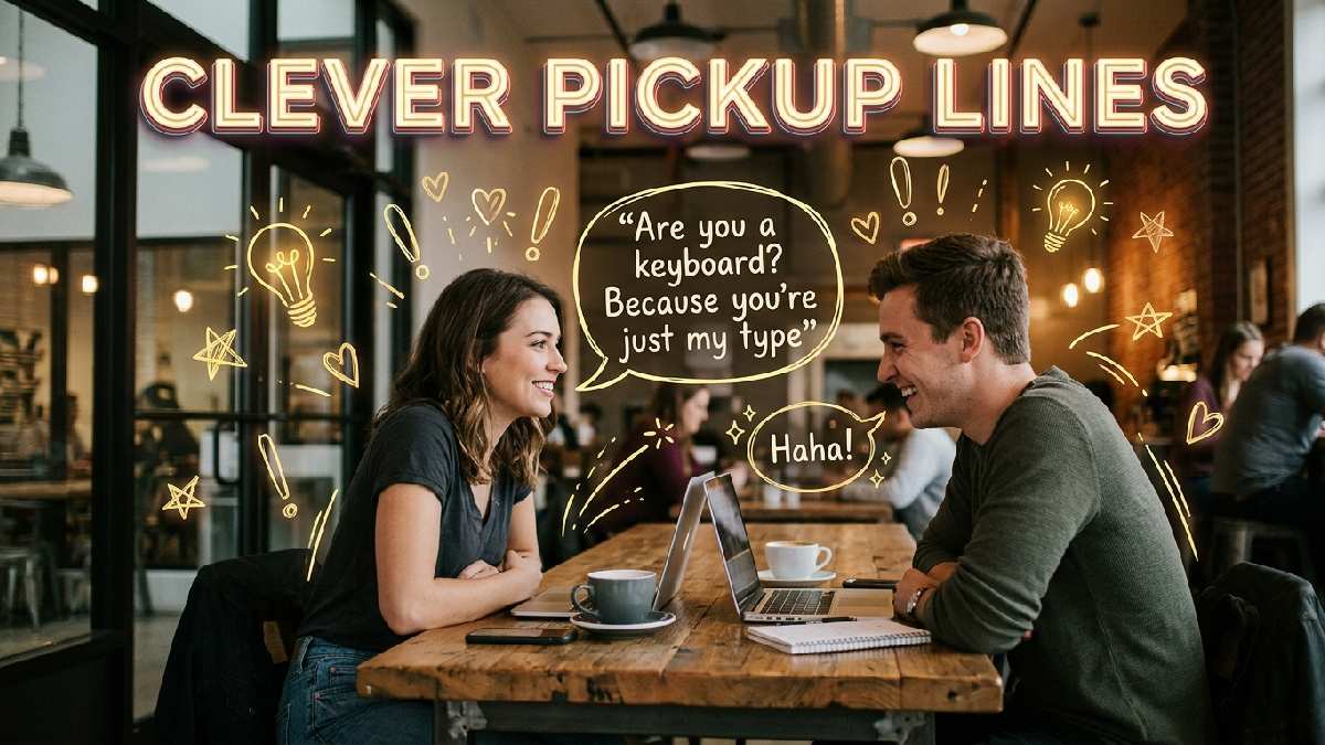 Witty young adult flirting with clever speech bubbles, hearts, and lightbulbs, representing smart pickup lines for playful romantic conversations.