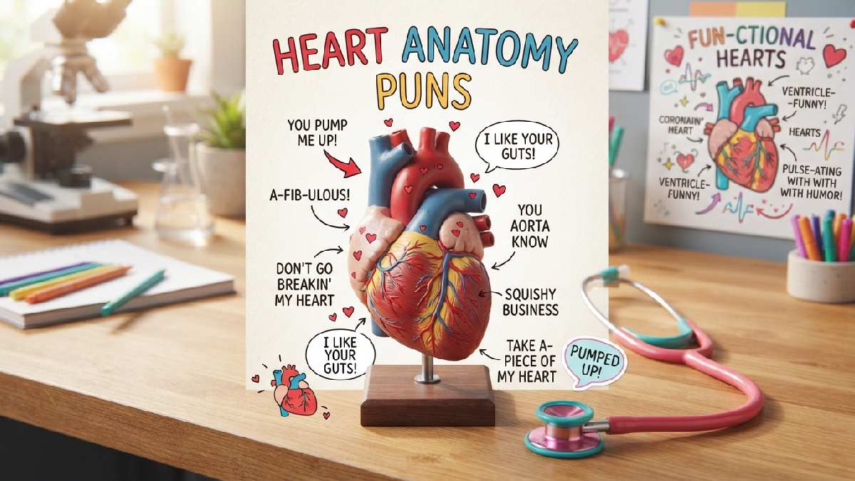 Anatomical heart model surrounded by tiny hearts, medical diagrams, and playful speech bubbles, representing clever heart anatomy puns and humor.